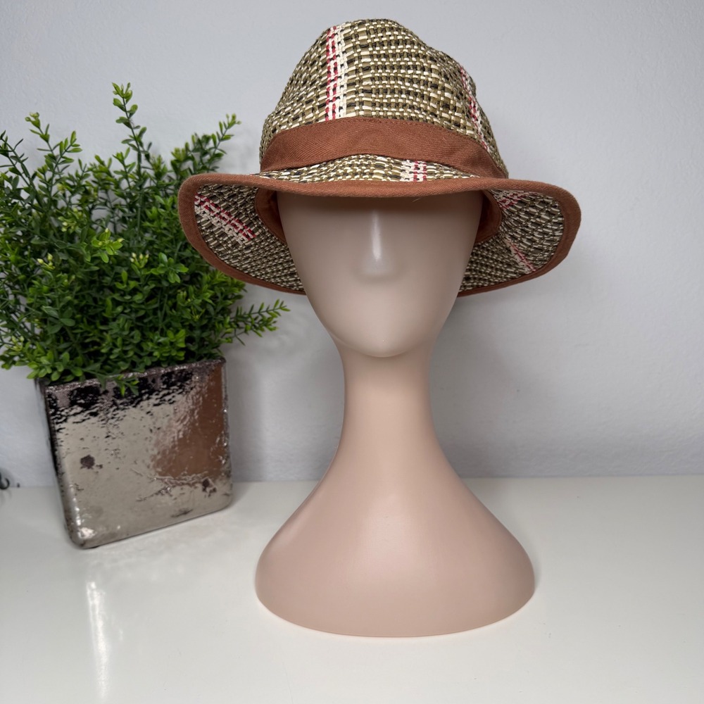 Billabong Fedora Hat Mens Brown Woven Paper Straw Plaid Surf Boho Y2K Size L/XL